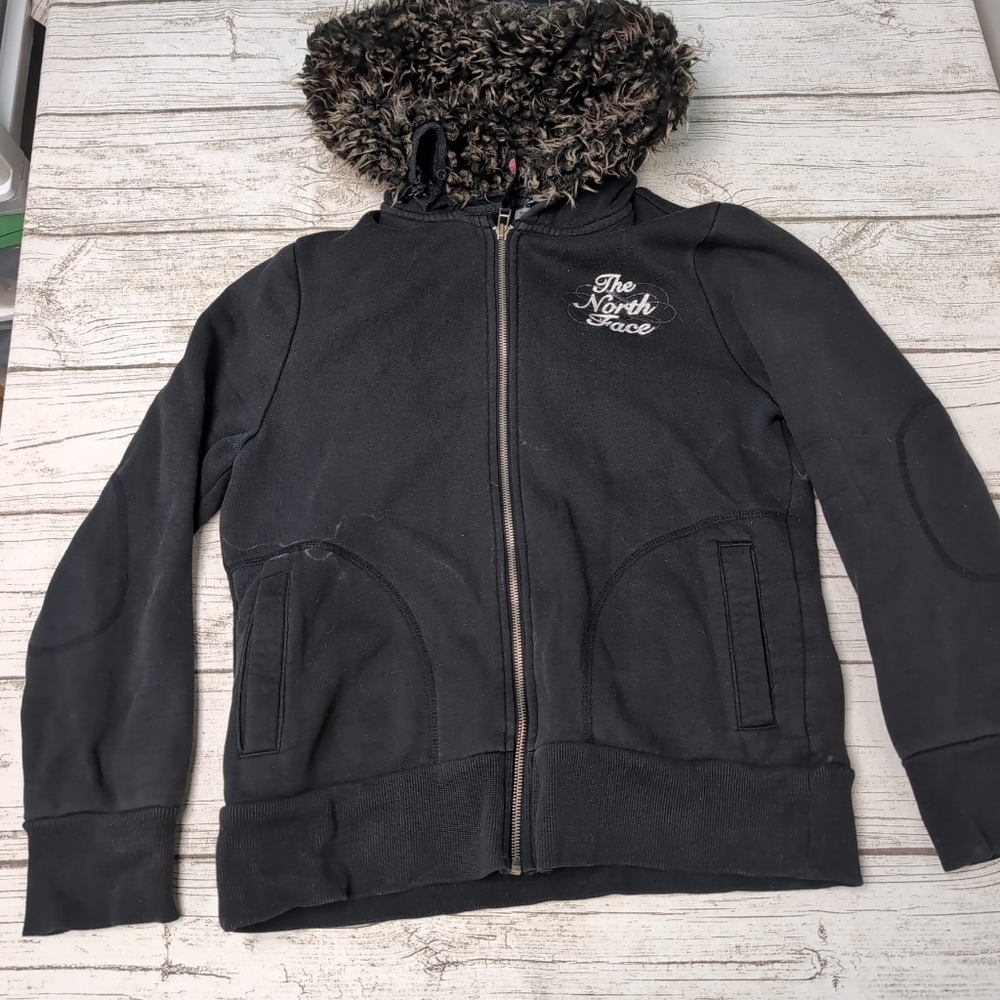 Vintage 2002 TNF The North Face Black Full Zip Sweater Faux Fur Lined Hood Sz M